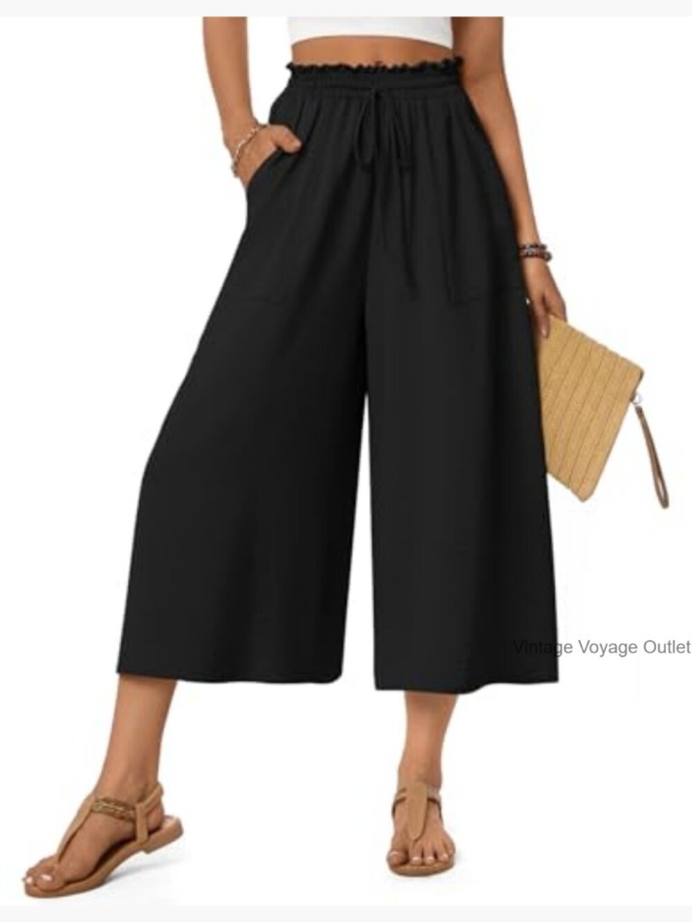 Womens Capri Pants Wide Leg Gaucho Palazzo Elastic Waist - Picture 2 of 7